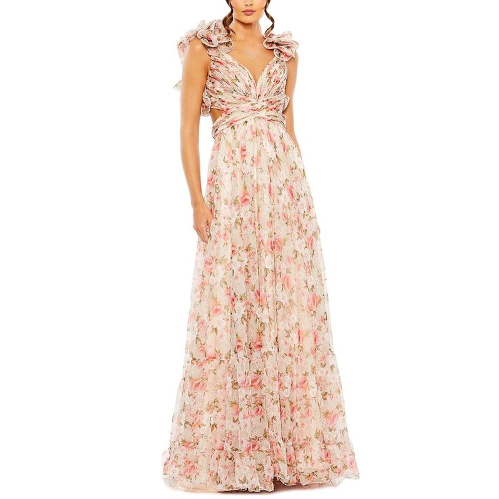Mac Duggal Womens Ruffle Tiered Cut-Out Chiffon Floral Dress